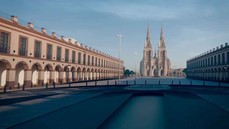 Recreación en 3D de la Plaza Belgrano, con la Basílica de Luján al fondo