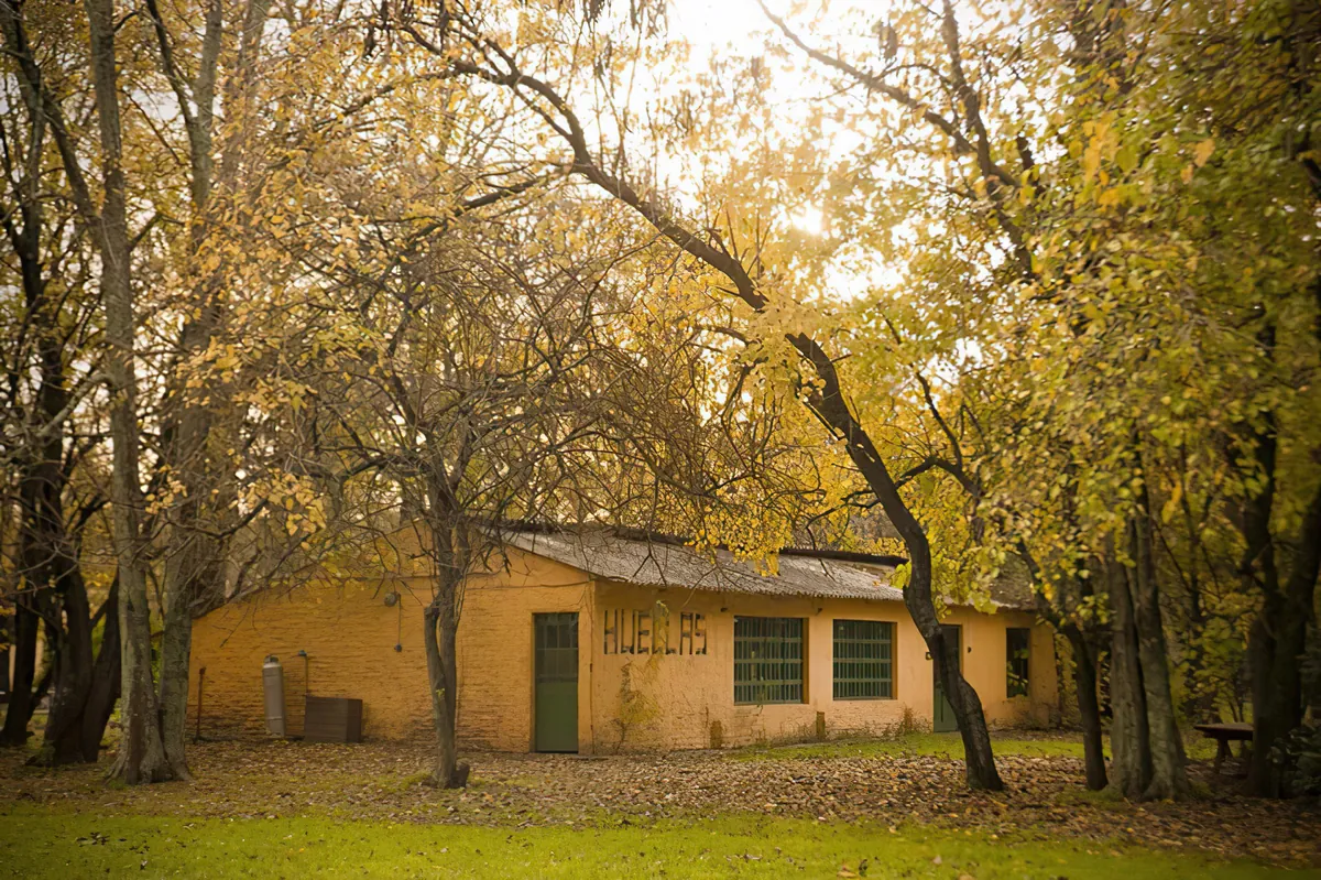 El Quincho 3 entre árboles dorados de otoño, con la palabra Huellas pintada en la pared